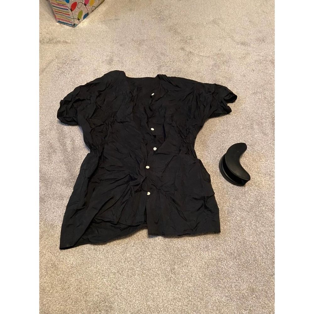 Womens Black Short Sleeve Button Down Tunic Cinched Waist Crinkle cape hair